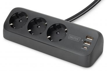 3-way office socket strip with 2x USB-A and 1x USB-C connections, black 