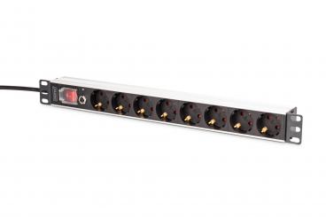 Multiple socket outlet with aluminum profile and overload protection, 8-way socket outlet with earthing contact, 2 m supply cable with earthing contact plug 